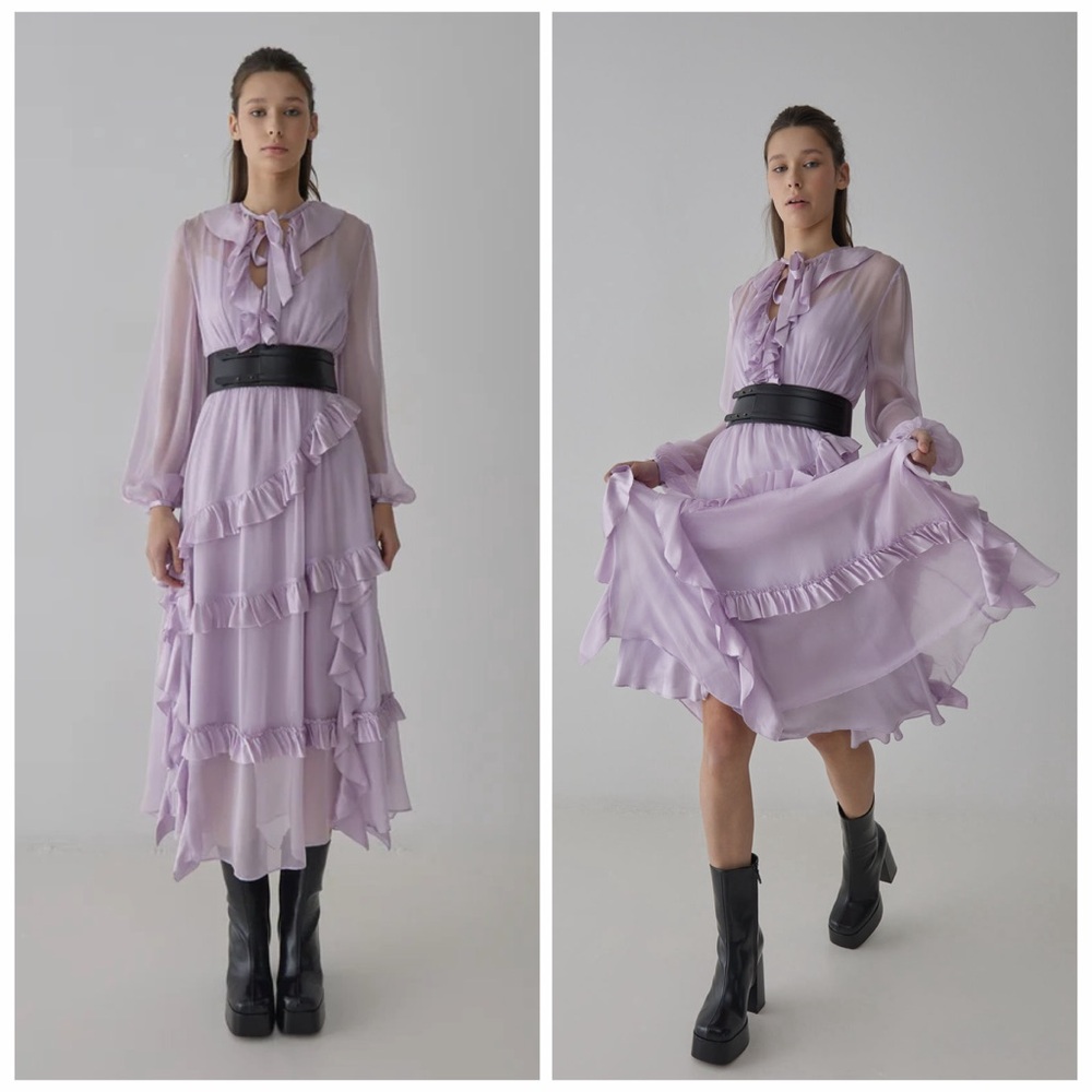 Temperley London Purple Midi Dress Silk Ruffle Tie Neck 12 Boho Wedding Guest 🟡